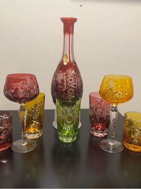 Nachtmann Traube Crystal Harlequin Bar Set 10pc Ruby Amber Green Germany